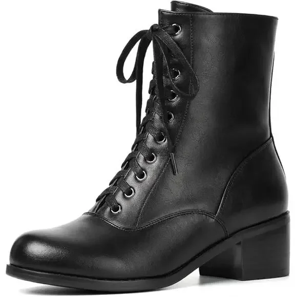Women’s Victorian Lace Up Ankle Boots Vintage Round Toe Chunky Heel Boots NEW - Picture 1 of 9